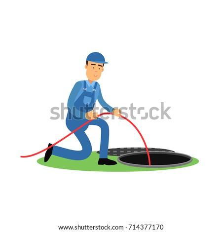 Proffesional plumber character standing next to a sewer manhole, plumbing service vector Illustration
