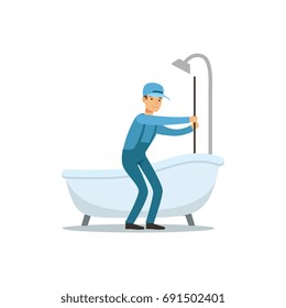 Proffesional plumber man character cleaning drain, plumbing work vector Illustration