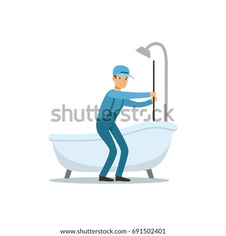 Proffesional plumber man character cleaning drain, plumbing work vector Illustration