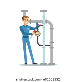Proffesional plumber man character installing a water meter on a pipeline, plumbing work vector Illustration