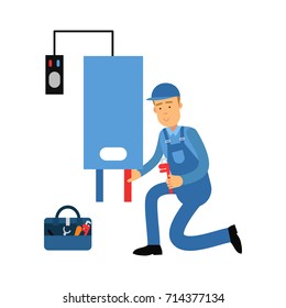 Proffesional plumber man character installing a water heater, plumbing service vector Illustration