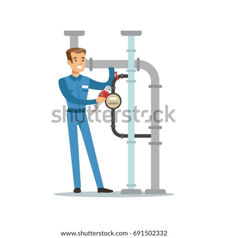 Proffesional plumber man character installing a water meter on a pipeline, plumbing work vector Illustration