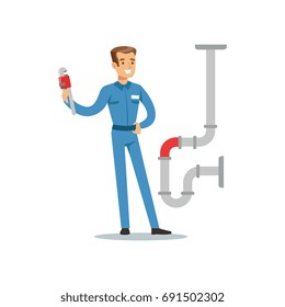 Proffesional plumber man character with monkey wrench repairing pipeline, plumbing work vector Illustration