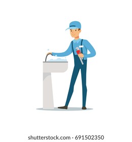 Proffesional plumber man character with monkey wrench repairing faucet tap, plumbing work vector Illustration