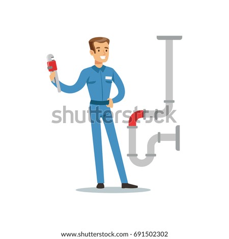 Proffesional plumber man character with monkey wrench repairing pipeline, plumbing work vector Illustration