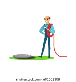 Proffesional plumber man character stnding next to a sewer manhole, plumbing work vector Illustration
