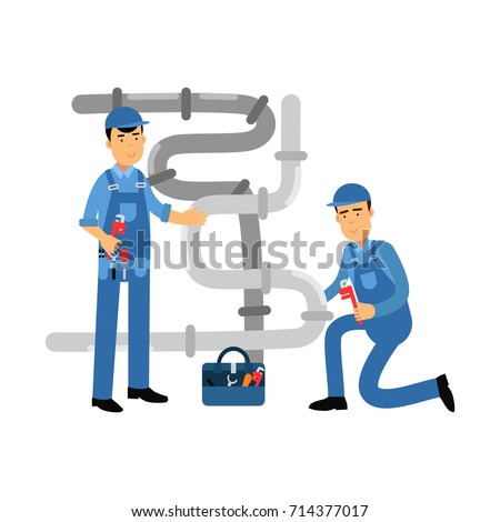 Proffesional plumber men characters repairing and fixing water pipes, plumbing service vector Illustration