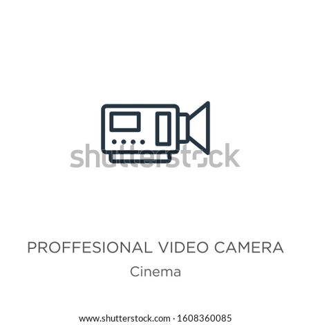 Proffesional video camera icon. Thin linear proffesional video camera outline icon isolated on white background from cinema collection. Line vector sign, symbol for web and mobile