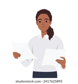 Proffesional young businesswoman clerk manager accountant reads report searching documents contracts. Flat vector illustration isolated on white background