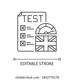 Proficiency english test pixel perfect linear icon. Students language level. Time task. Thin line customizable illustration. Contour symbol. Vector isolated outline drawing. Editable stroke
