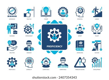 Icon-Set für Befähigung. Theorie, Praxis, Geschick, Erfahrung, Lösung, Wissen, Problemlösung, Entwicklung. Duotone-Farbsymbole