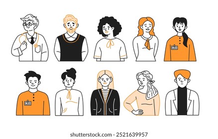 Proficient occupation individuals avatars doodle line and color outline set. Commerce and medication occupations straight outline vector symbols collection