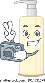 a proficient photographer hair mask cartoon design concept working with camera. Vector illustration