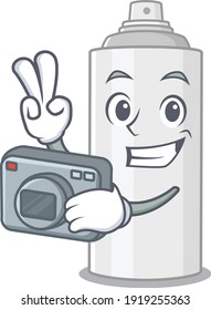 a proficient photographer hair spray cartoon design concept working with camera. Vector illustration