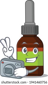 a proficient photographer liquid bottle cartoon design concept working with camera. Vector illustration
