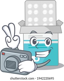 a proficient photographer medical medicine bottle cartoon design concept working with camera. Vector illustration