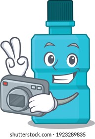a proficient photographer mouthwash cartoon design concept working with camera. Vector illustration