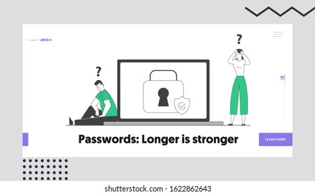 Profile and Account Security and Protection in Internet Website Landing Page. Users Sitting at Huge Laptop Trying to Remember Lost Password Web Page Banner. Cartoon Flat Vector Illustration, Line Art