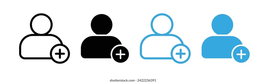 Icono de línea de adición de perfil. Icono de inclusión de usuario en color blanco y negro.
