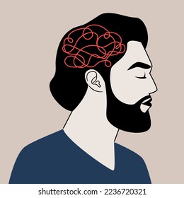 The profile of an adult man with confused thoughts. Upset man feels frustrated. Vector illustration of mental health problems. Concept psychological problem, mental disease, brain illness, depression
