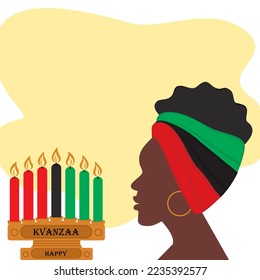 Profile of African American woman and candelabra with candles in color African flag. Happy Kwanzaa