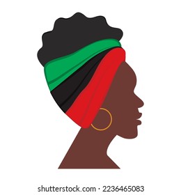 Profile of African American woman with headband in traditional African hues. Sticker. Icon. Isolate.