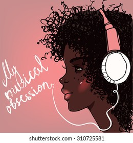 profile of african girl with headphones