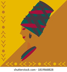 Profile of an African woman in national headdress. Trendy colors, national decor. Vector illustration for design of social networks, print on clothes, t-shirt.