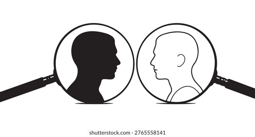 Profile analysis with magnifying glass comparing solid and outline silhouettes. Concept of comparison.