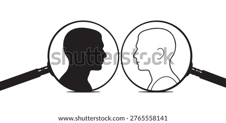 Profile analysis with magnifying glass comparing solid and outline silhouettes. Concept of comparison.