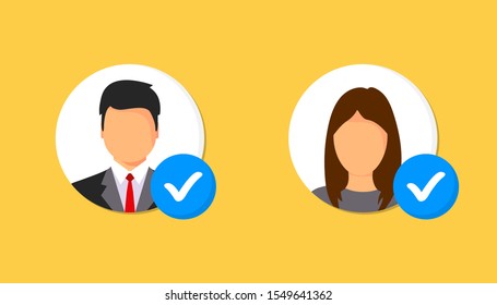 Profile Approved Icon. Profile With Checkmark Icon. Verified Account Icon. Checked Verified Profile Symbol. User Accepted, Validation Verified. Approved Or Applied Person Sign.