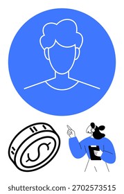 Avatar de Perfil en círculo azul, moneda de dólar, persona tomando notas y señalando. Ideal para finanzas, inversiones, consultoría, identidad personal, planificación financiera de Asistencia al cliente. Metáfora de línea