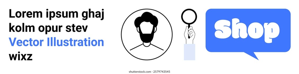 Profile avatar, magnifying glass, and shop symbol in blue. Ideal for e-commerce, online shopping, business services, website banners, and digital marketing. Banner for landing page