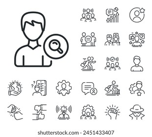 Profile Avatar with Magnifying glass sign. Specialist, doctor and job competition outline icons. Search User line icon. Male Person silhouette symbol. Search people line sign. Vector
