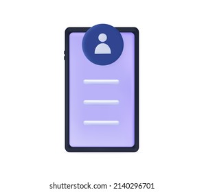 Profile With An Avatar On The Phone. Verification, Identification Or Updating Of A Person. 3d Vector Image. Concept Of User Page Access, Skills And Account On Smartphone. Biography Or Social Networks