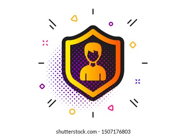 Profile Avatar with shield sign. Halftone circles pattern. User Protection icon. Male Person silhouette symbol. Classic flat security Agency icon. Vector