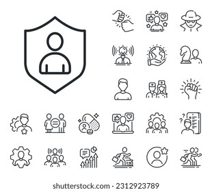 Profile Avatar with shield sign. Specialist, doctor and job competition outline icons. User Protection line icon. Person silhouette symbol. Security line sign. Vector