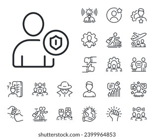 Profile Avatar with shield sign. Specialist, doctor and job competition outline icons. User Protection line icon. Person silhouette symbol. Security line sign. Vector