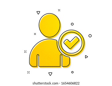 Perfil Avatar con el signo Tick. Icono de usuario activado. Símbolo de silueta personal. Patrón de círculos amarillos. Icono de confirmación de identidad clásica. Elementos geométricos. Vector