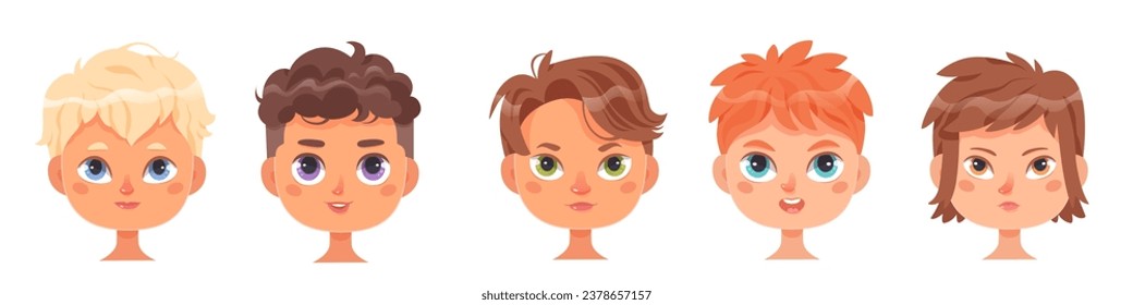 Profile avatars with boys faces set vector illustration. Cartoon isolated happy male little characters with different eyes, hairstyle and hair colors, cute portraits of cheerful kids collection.