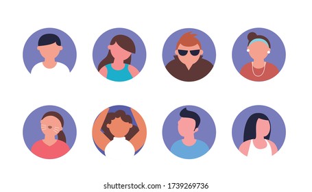  profile avatars collection, female and male faces icon flat vector illustration 