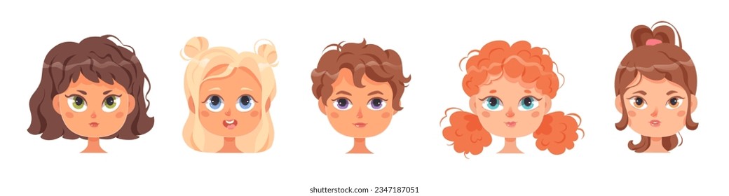 Profile avatars with girls faces set vector illustration. Cartoon isolated happy female little characters with different eyes, hairstyle and hair colors, cute portraits of cheerful kids collection