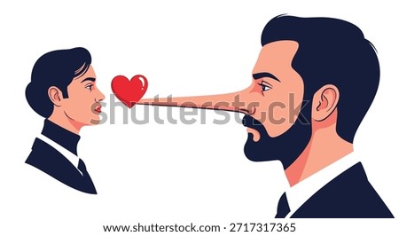 Profile of a bearded man with an extremely long nose holding a red heart towards a woman representing false love and deceit.