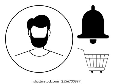 Profile of bearded man inside a circle alongside notification bell and shopping cart. Ideal for user interface design, apps, websites, social media, online shopping. Simple modern style