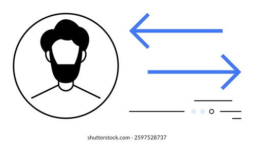 Profile of a bearded person inside a circle with two blue right-pointing arrows nearby. Ideal for communication, data exchange, user profile, networking, messaging, digital identity, and online