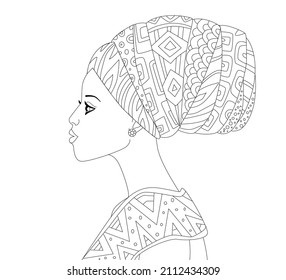 profile of beautiful african girl in ethnic turban for your coloring book