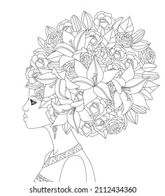 profile of beautiful african girl with floral hairstyle of flowers lillies for your coloring book