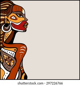 Profile of beautiful African woman. Hand drawn ethnic illustration.