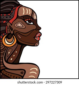 Profile of beautiful African woman. Hand drawn ethnic illustration.