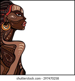 Profile of beautiful African woman. Hand drawn ethnic illustration.